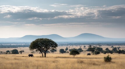Fototapeta premium Elephants Grazing Amidst the Tranquil Savanna Landscape with Distant Mountains