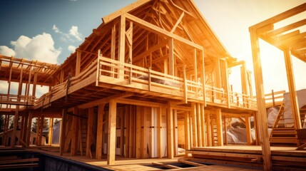 Fototapeta premium A wooden house under construction with a wooden roof and walls, surrounded by a clear blue sky with fluffy white clouds.
