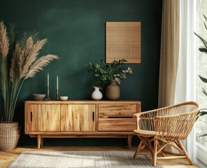 Earthy tones, natural materials, and warm lighting create a cozy living space.  Wooden cabinet, woven chair,  dried pampas grass, and muted green walls form a serene atmosphere