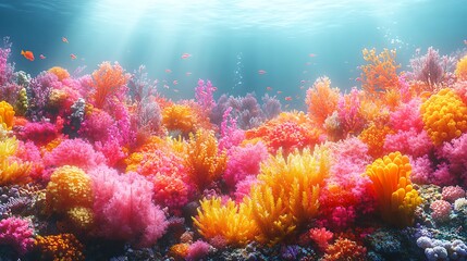 Obraz premium Vivid Coral Reef Ecosystem Underwater Landscape With Fish And Sunlight Enhancing The Ocean Beauty