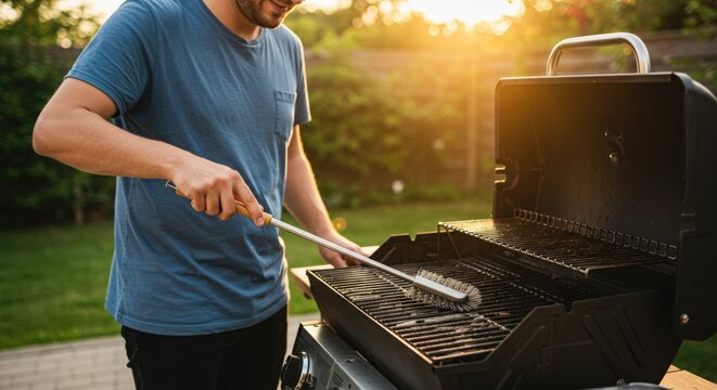 A young adult Caucasian man in a blue t-shirt is cleaning a black gas grill outdoors in his backyard with a wire brush during a sunny evening or morning.