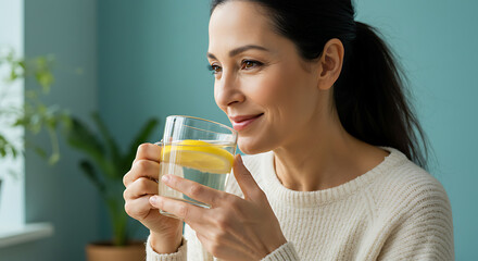 Woman drinks lemon water