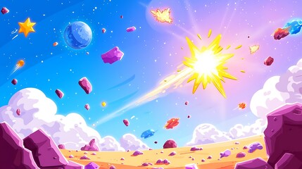 Vibrant Pixel Art Space Landscape with Explosion
