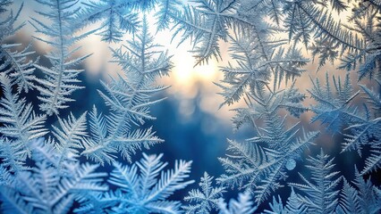 Frosty windowpane with delicate ice crystals forming intricate patterns , frozen, snow,  frozen, snow