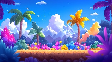 Vibrant Pixel Art Tropical Landscape with Palm Trees and Mountains