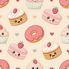 a cozy seamless pattern of adorable cartoon bakery treats — smiling cupcakes, donuts, and macarons — with soft kawaii faces, set against a creamy beige background for a gentle