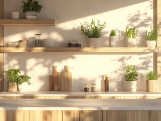 Kitchen interior with shelves and potted plants