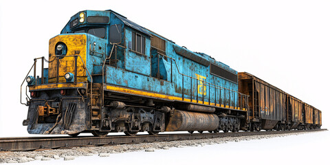 Obraz premium A weathered blue and yellow freight train on the tracks.