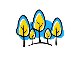 Abstract Vector Illustration of Five Stylized Trees with Yellow Leaves, Blue Outlines, and Black Trunks - Modern Nature Design