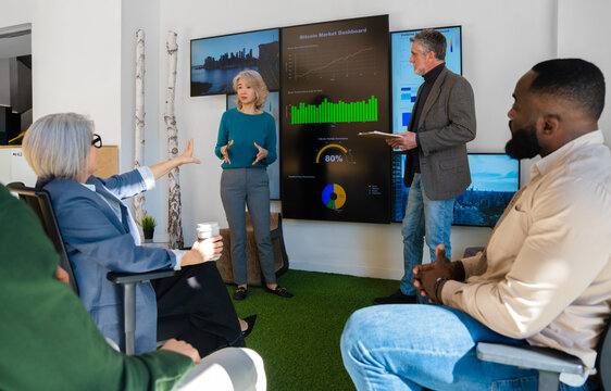 Business professionals in a meeting with data presentations