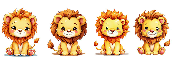 Cute Cut Out Set watercolor illustration of kid lion isolated on transparent or white background best for print sticker or clipart.