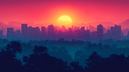 Fototapeta premium Sunset cityscape in vibrant colors artwork