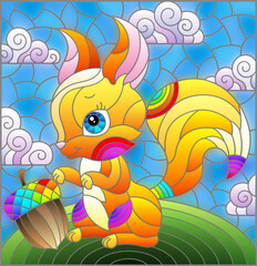 Fototapeta premium Illustration in the style of a stained glass window with a cute cartoon squirrel on the background of a green meadow and a cloudy sky