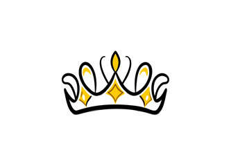 Obraz premium Vector Illustration of a Stylized Crown with Black Outline and Yellow Accents – Symmetrical Design with Diamond Shapes and Ornate Loops