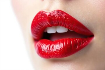Obraz premium Close-up of vibrant red lipstick on pure white , color, close-up, cosmetic