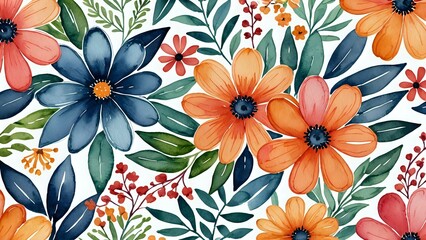 Seamless bold floral watercolor pattern featuring orange, blue, and pink blossoms with lush greenery on clean white background. Botanical illustration concept

