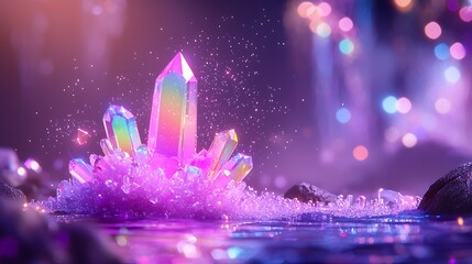 Vibrant Rainbow Crystal Cluster Glowing with Pink and Purple Particles
