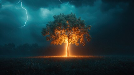 Fototapeta premium Glowing tree stands amidst storm and lightning
