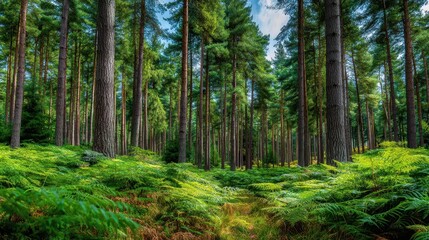 Fototapeta premium Lush, green forest with tall, towering trees.