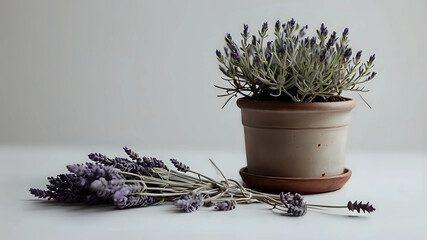 A serene arrangement of lavender in a clay pot, with scattered lavender sprigs on a minimalist background