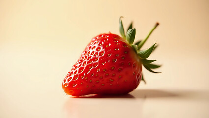 Close-up of a fresh, ripe strawberry resting on a soft surface, highlighting its vibrant color and texture