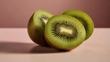 Three perfectly sliced kiwis arranged elegantly on a soft pink surface, showcasing their vibrant green flesh and texture