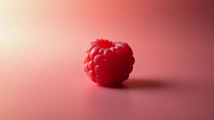 A vibrant raspberry sits against a soft pink gradient background, highlighting its texture and color