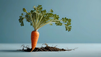 A vibrant carrot emerging from rich soil, surrounded by green leaves, against a soft blue background