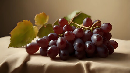 Fresh red grapes arranged elegantly on a soft fabric surface, with green leaves in the background