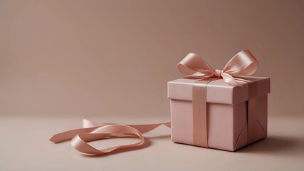 A beautifully wrapped pink gift box with satin ribbon sits elegantly on a soft beige background, ideal for celebrations