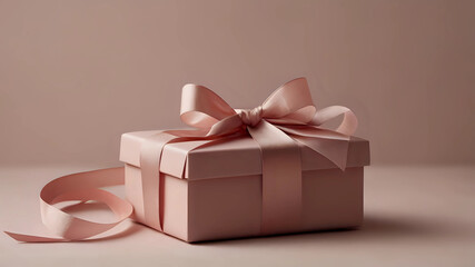 Elegant pink gift box with a satin ribbon, set against a soft neutral background, perfect for celebrations