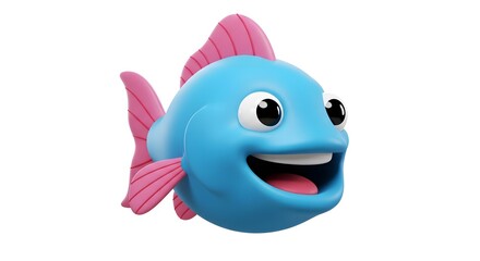 Cartoon Blue Fish Character with Pink Fins Smiling on White Background