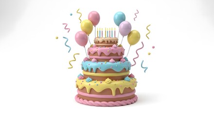 Colorful Tiered Birthday Cake with Balloons and Candles Celebration Scene