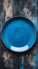 Azure Ceramic Plate Closeup on Weathered Wooden Table Backdrop Aesthetic Foodware