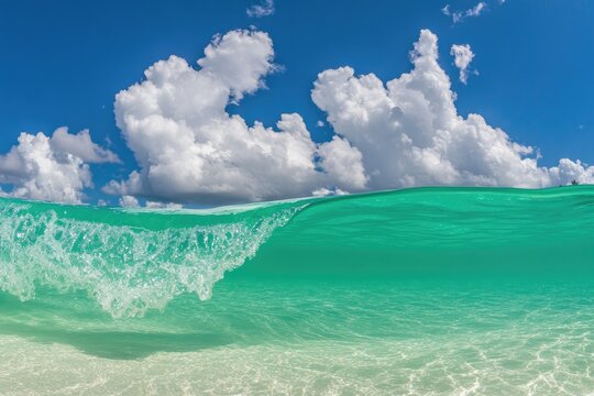 Turquoise water rolls over a pristine sandy beach under a vibrant blue sky dotted with fluffy white clouds