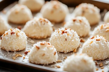 Baked Coconut Macaroons with Almonds on Tray, Food Photography, Macro Shot