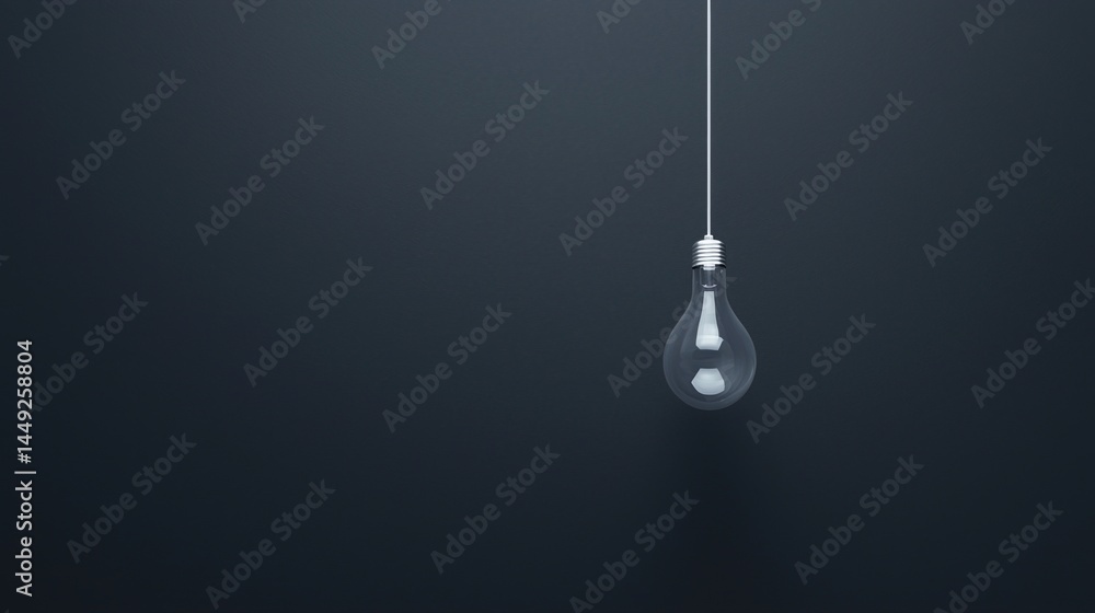 Poster minimalist image of a single light bulb hanging from the ceiling against a dark background.