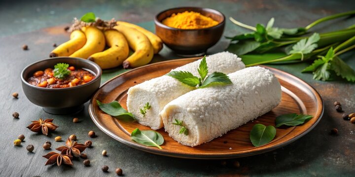 Traditional South Indian puttu made of rice flour and coconut served with a sweet banana accompaniment and spicy kadala curry, garnished with fresh cilantro, indian cuisine, south indian food