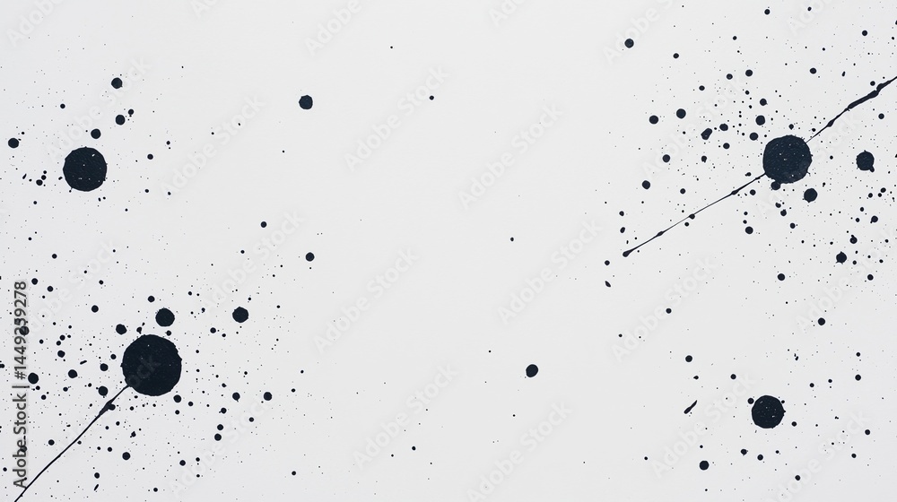 Poster black ink splatters on a white background create an abstract, minimalistic pattern with a modern art