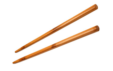 A pair of polished wooden chopsticks, positioned diagonally on transparent background