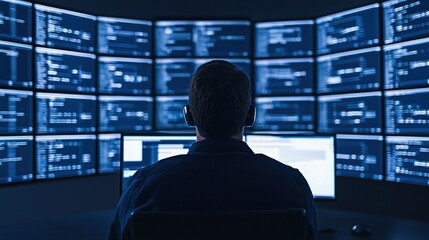 A person monitors multiple screens displaying code and data in a high-tech control room.