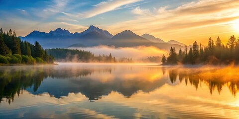 Fototapeta premium A serene landscape of mountains in the distance with a misty sunrise over a tranquil lake