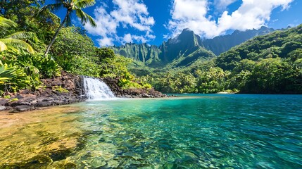 Vibrant Rainforest Waterfall Cascading into a Turquoise Lagoon