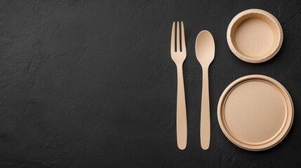 Eco-friendly wooden cutlery and plates on a black textured background, highlighting sustainable dining options.