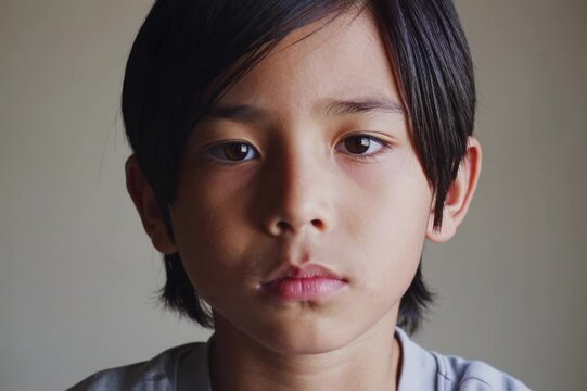 A young Asian boy with straight black hair is staring directly at the camera. He has a serious expression. The background is softly blurred, enhancing his features.