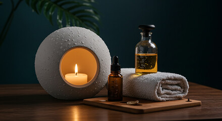 Burning candle creating relaxing atmosphere for spa treatment with essential oils