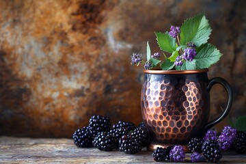 Blackberries and Purple Flowers Still Life with Copper Mug Against Grunge Texture