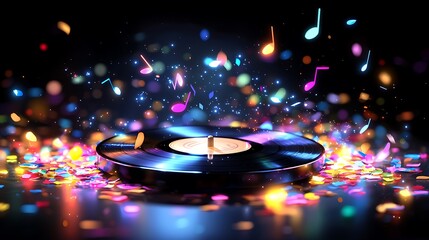 Vibrant Retro Vinyl Record with Colorful Confetti and Glowing Music Notes
