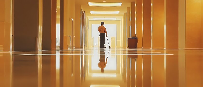 lighting Hospital janitor cleaning hallway with reflective floors and soft