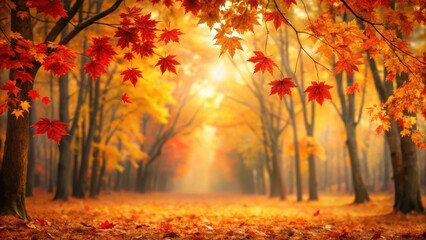 Autumn forest with vibrant red maple leaves against a warm golden light background, trees, deciduous